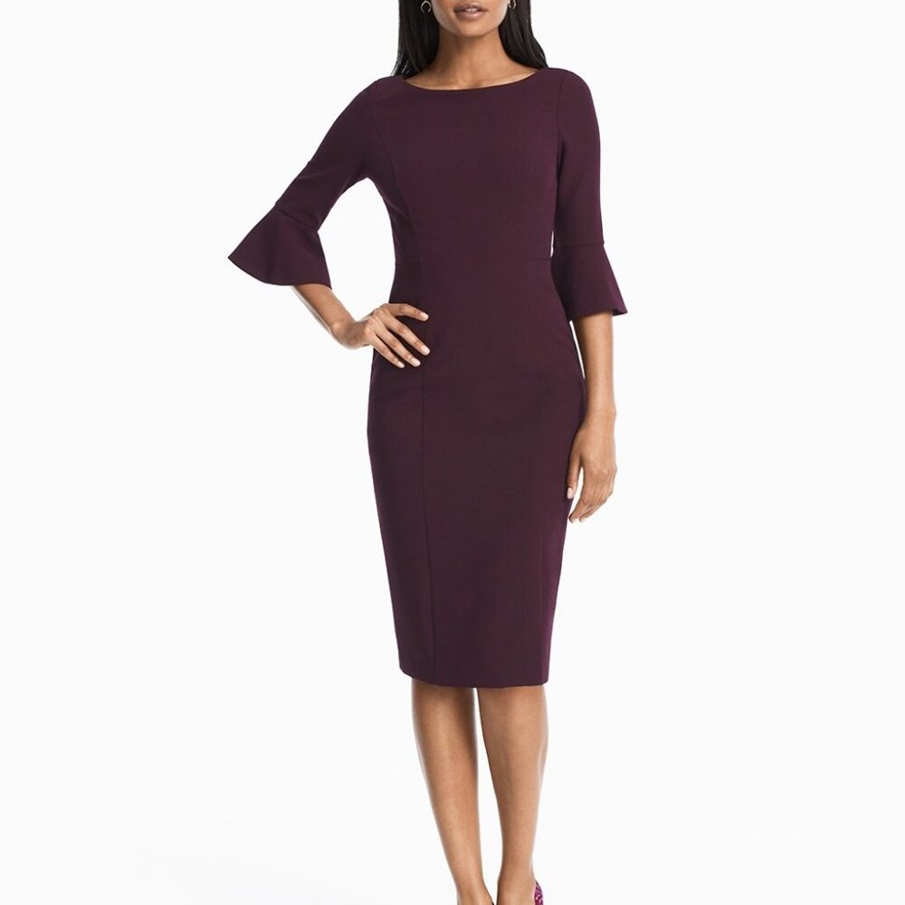 White House Black Market Body Perfecting Burgundy Ruffle Sleeve Sheath
